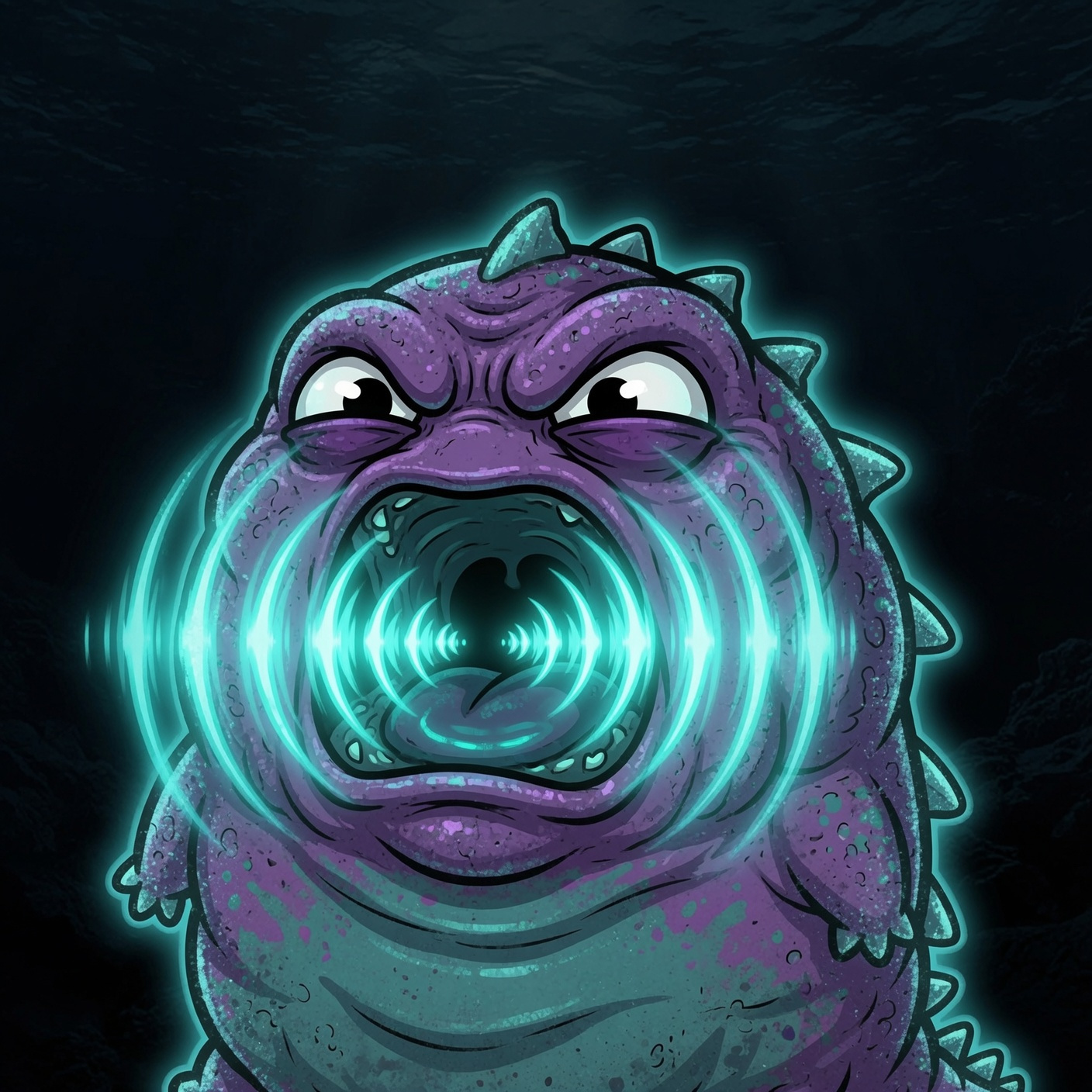 Bloop mascot roaring cyan energy rings over neon city