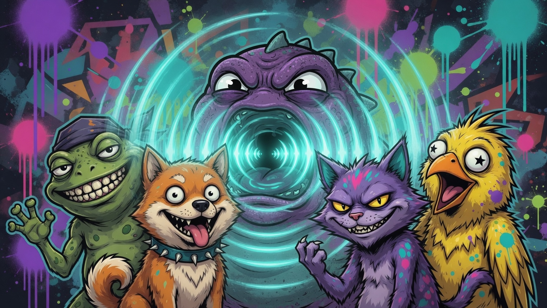 Bloop Squad — Bloop with green frog, Shiba Inu, purple cat, and yellow bird